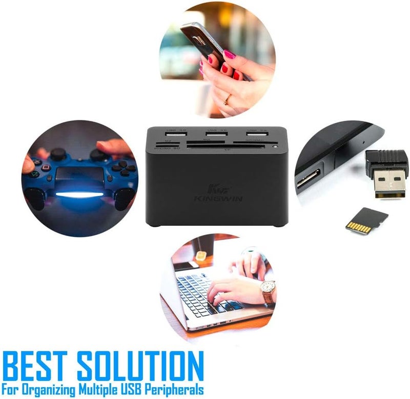 KingWin USB HUB Adapter w/ Memory Card Reader Writer & USB 3.0 HUB Combo - Supports High Speed SD MS Micro M2 CF Card Reader For Macbook, Laptop, Desktop - Includes USB Cable 5 Gbps Speed, Black - Image 5
